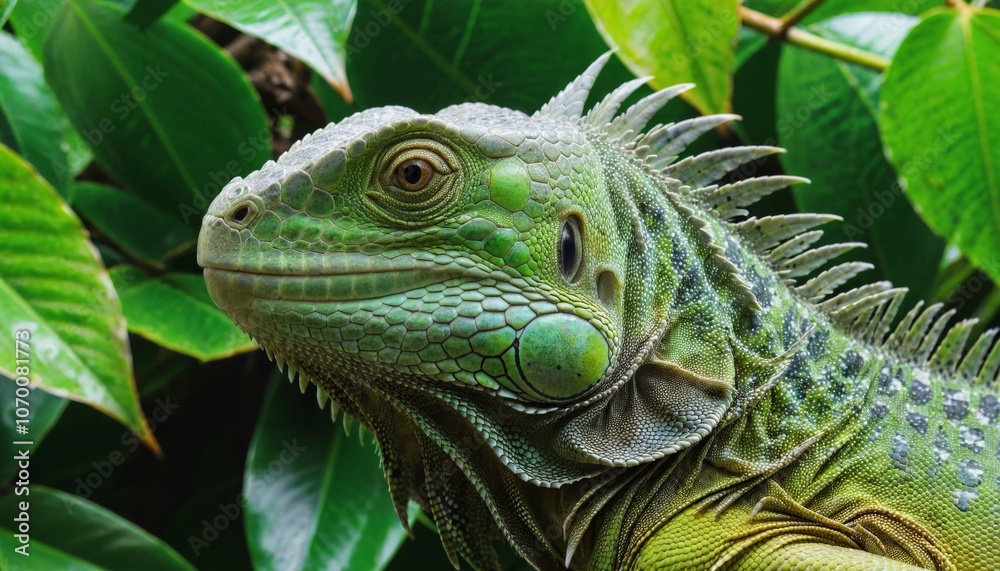 Fototapeta premium Closeup of head of a green Iguana with leaves in a tree