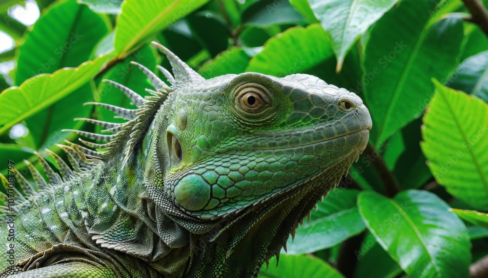 Closeup of head of a green Iguana with leaves in a tree Closeup of head of a green Iguana with leaves in a tree