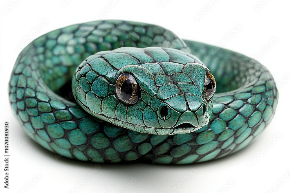 Fototapeta premium Side view of a green snake coiled in a graceful curve isolated on a white background. Generative AI