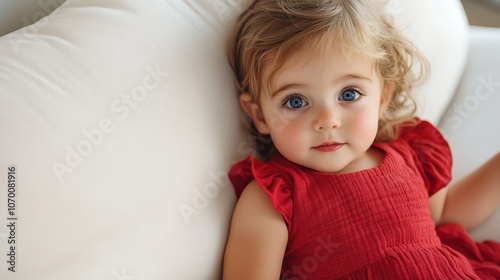 A young girl wears a bright red dress while sitting on a cream-colored sofa. Soft natural light highlights her features, creating a warm atmosphere in the room.