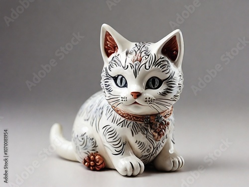 Wallpaper Mural White porcelain cat figurine sitting and resting on gray background Torontodigital.ca
