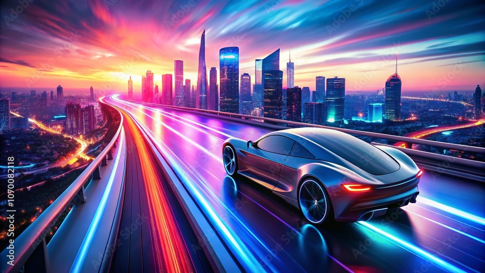 Fototapeta premium Advanced Futuristic Car Technology in Dynamic Motion: Aerial Drone Photography Capturing the Essence of Rear Curtain Sync Over 40 Years Ahead of Its Time