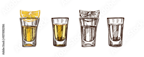 Hand-drawn  colored and monochrome  shot glasses with tequila with a slice of lime. Design element for the menu of bars and restaurants, alcohol stores. Vector sketch illustration in engraving style.