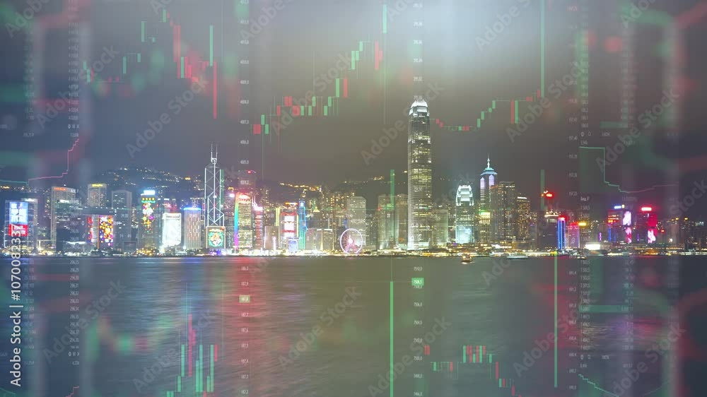 Night view of Hong Kong city and Victoria Harbour on background of stock charts. Business financial concept, 4k Night view of Hong Kong city and Victoria Harbour on background of stock charts. Business financial concept, 4k
