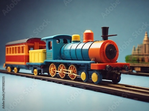 Colorful toy train traveling on tracks to imaginary destination