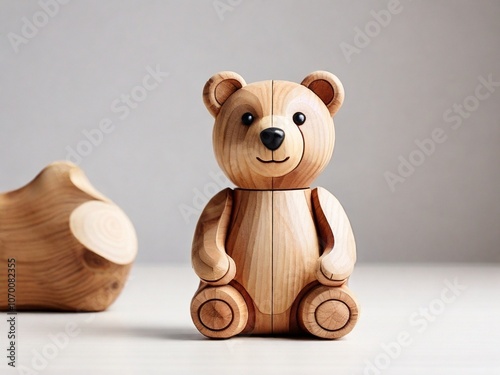 Wooden bear toy sitting with a piece of wood in the background