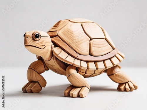 Wooden turtle sculpture standing on white surface