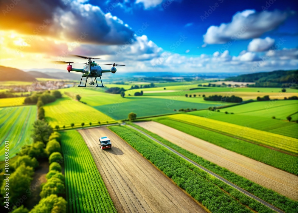 Aerial Perspective of a Farmer Operating a Drone Over Lush Green Farmland with Tilt-Shift Effect, Showcasing Precision Agriculture and Modern Farming Techniques in Action Aerial Perspective of a Farmer Operating a Drone Over Lush Green Farmland with Tilt-Shift Effect, Showcasing Precision Agriculture and Modern Farming Techniques in Action
