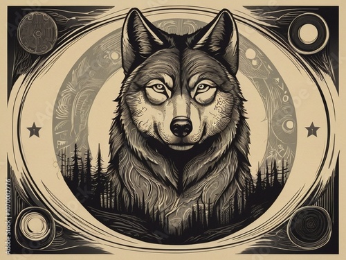 Majestic wolf staring with intense eyes in moonlit forest illustration