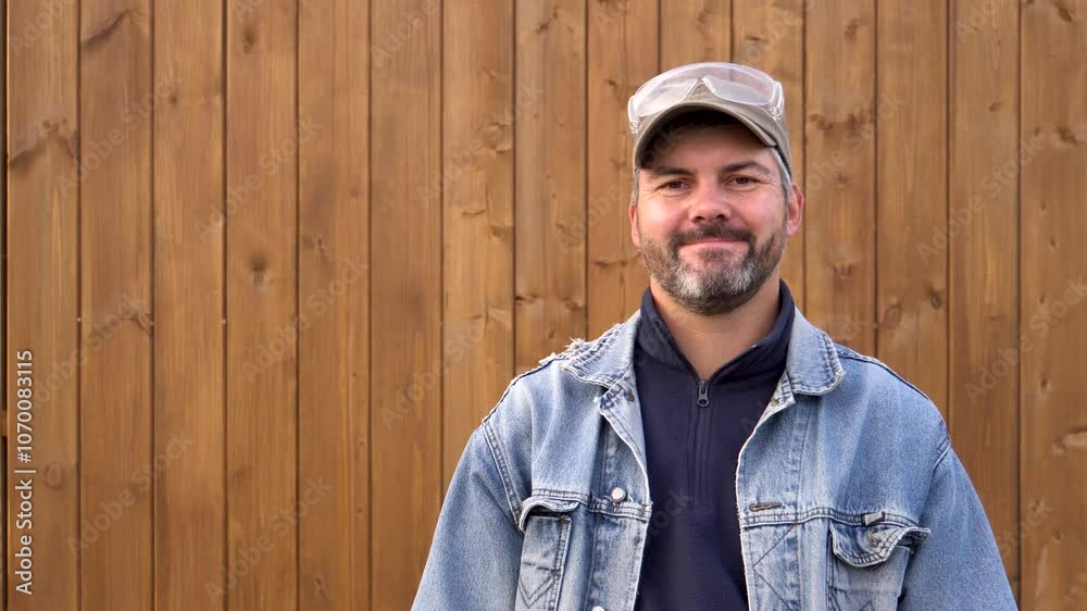 A man stands against a wooden wall. Smiling. Bearded. Dressed in a denim jacket. Daylight. Builder. Worker. Master. Close-up. Portrait. Protective glasses on his head. A man stands against a wooden wall. Smiling. Bearded. Dressed in a denim jacket. Daylight. Builder. Worker. Master. Close-up. Portrait. Protective glasses on his head.