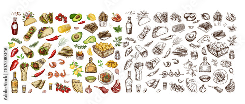 Hand-drawn colored and monochrome  set of realistic mexican dishes and products. Vintage sketch drawings of Latin American cuisine. Vector ink illustration. Mexican culture.