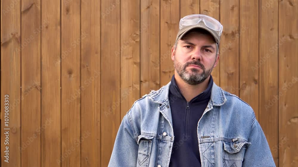 A man stands against a wooden wall. Serious look. Bearded. Dressed in a denim jacket. Daylight. Builder. Worker. Master. Close-up. Portrait. A man stands against a wooden wall. Serious look. Bearded. Dressed in a denim jacket. Daylight. Builder. Worker. Master. Close-up. Portrait.