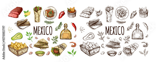 Hand-drawn colored and monochrome set of realistic mexican dishes and products. Vintage sketch drawings of Latin American cuisine. Vector ink illustration. Mexican culture.