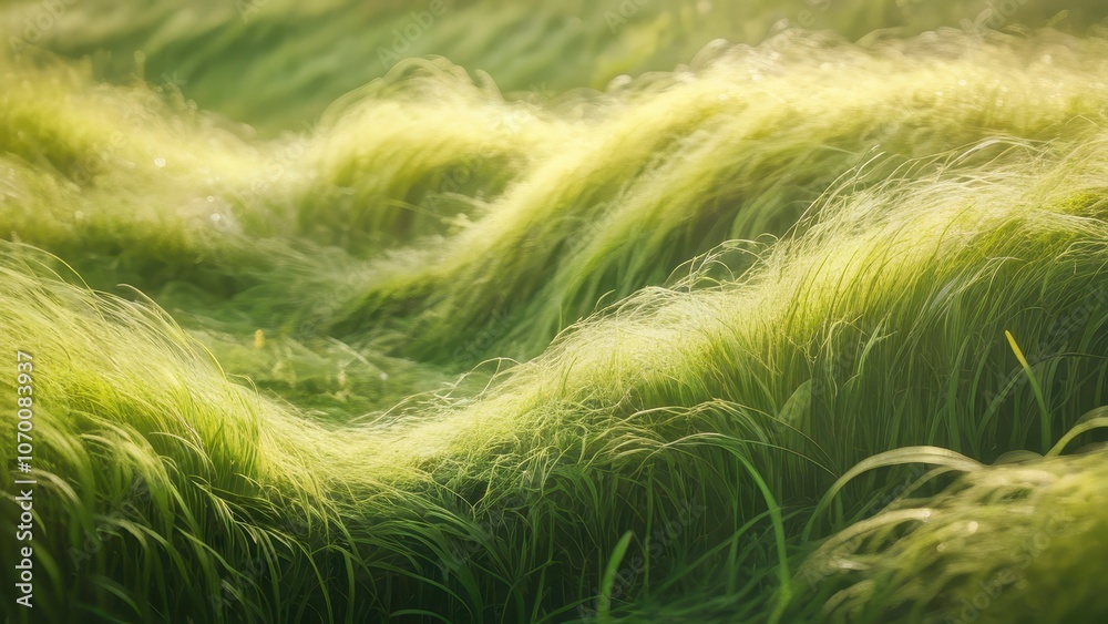 A serene landscape featuring rolling green grass waves, illuminated by soft sunlight. Ideal for nature-themed projects and backgrounds A serene landscape featuring rolling green grass waves, illuminated by soft sunlight. Ideal for nature-themed projects and backgrounds
