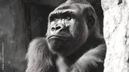 A close-up of a pensive gorilla looking up and to the right, with a textured background of a tree trunk. photo