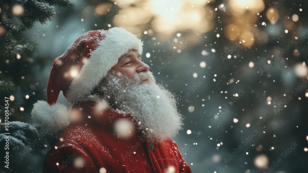 Smiling man with a white beard in a red santa hat and coat is standing in the snow. Santa Claus