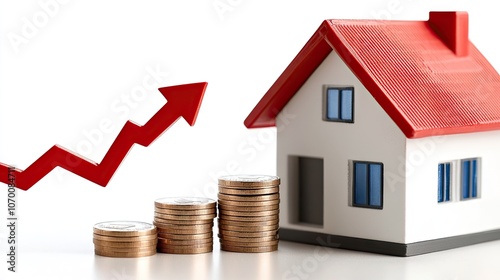 Analyzing the significant growth of home assets with increasing property values illustrated through coins stacked on a house model