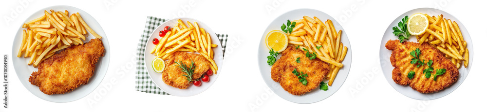 Isolated plate with French fries and chicken schnitzel Isolated plate with French fries and chicken schnitzel