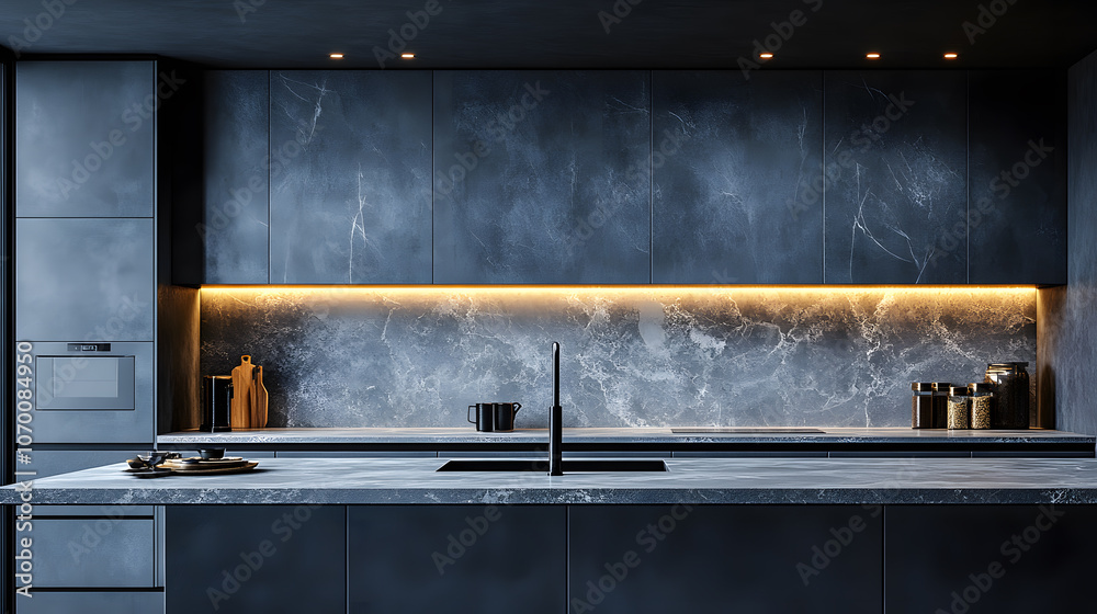 An elegant photography of a modern minimalistic kitchen featuring matte finish cabinetry in a deep charcoal shade, contrasted by a white marble backsplash and countertops, paired with subtle recessed An elegant photography of a modern minimalistic kitchen featuring matte finish cabinetry in a deep charcoal shade, contrasted by a white marble backsplash and countertops, paired with subtle recessed