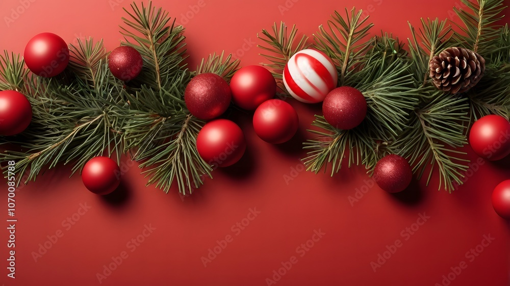 Christmas background with candy, pine branches, red decorations, flat red surface. Banner for design or advertising banner, layout template, copy space concept. Top view. Christmas background with candy, pine branches, red decorations, flat red surface. Banner for design or advertising banner, layout template, copy space concept. Top view.