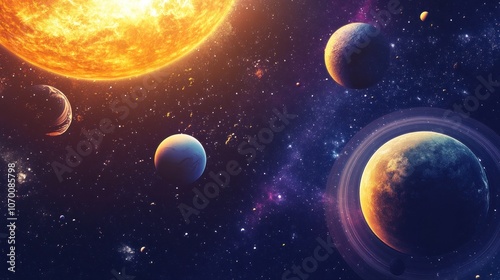 A vibrant illustration of a star system with a large, fiery sun, and a collection of planets of various colors and sizes. photo