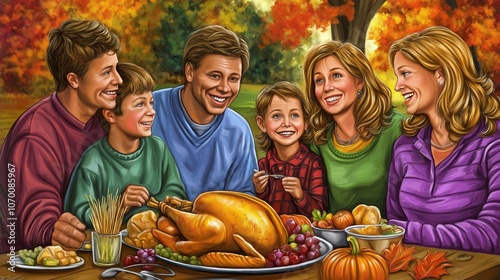 The joyful family gathered around a Thanksgiving meal, sharing smiles and conversation, surrounded by traditional Thanksgiving elements set against a vibrant autumn background.