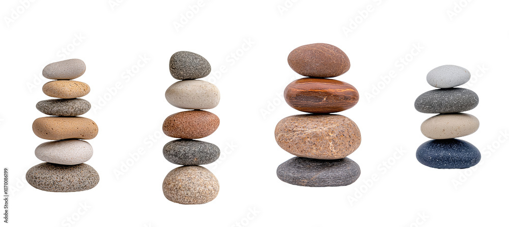 Isolated on transparent background, a vertical arrangement of rounded stones in various natural colors symbolizing harmony and tranquility for Zen balance. Isolated on transparent background, a vertical arrangement of rounded stones in various natural colors symbolizing harmony and tranquility for Zen balance.