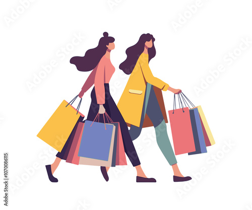 Friends women holding bags with purchase on shopping. Customer on shop with handbag, consumerism. Shopping bag with new item, gift, present. Flat illustration