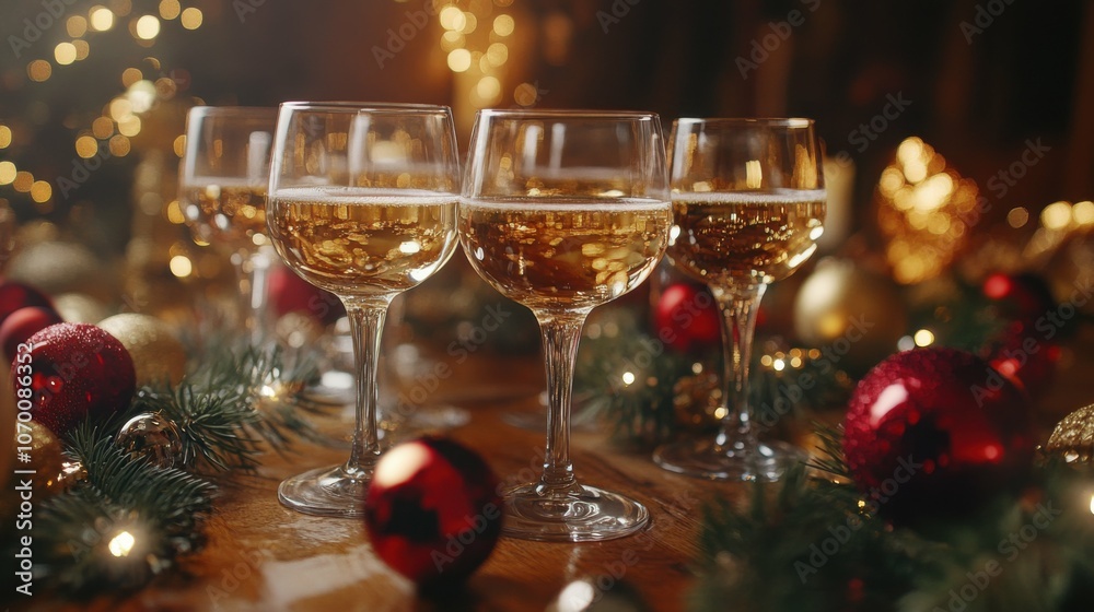 Medium shot of a table with several champagne glasses filled and ready for a New Year's toast, with festive decorations around the glasses. Medium shot of a table with several champagne glasses filled and ready for a New Year's toast, with festive decorations around the glasses.