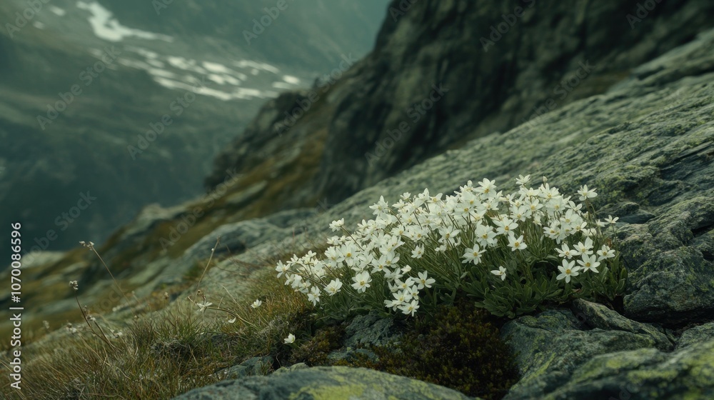 A cluster of white wildflowers blooms on a rocky mountainside, with a misty, snow-capped peak in the background. A cluster of white wildflowers blooms on a rocky mountainside, with a misty, snow-capped peak in the background.