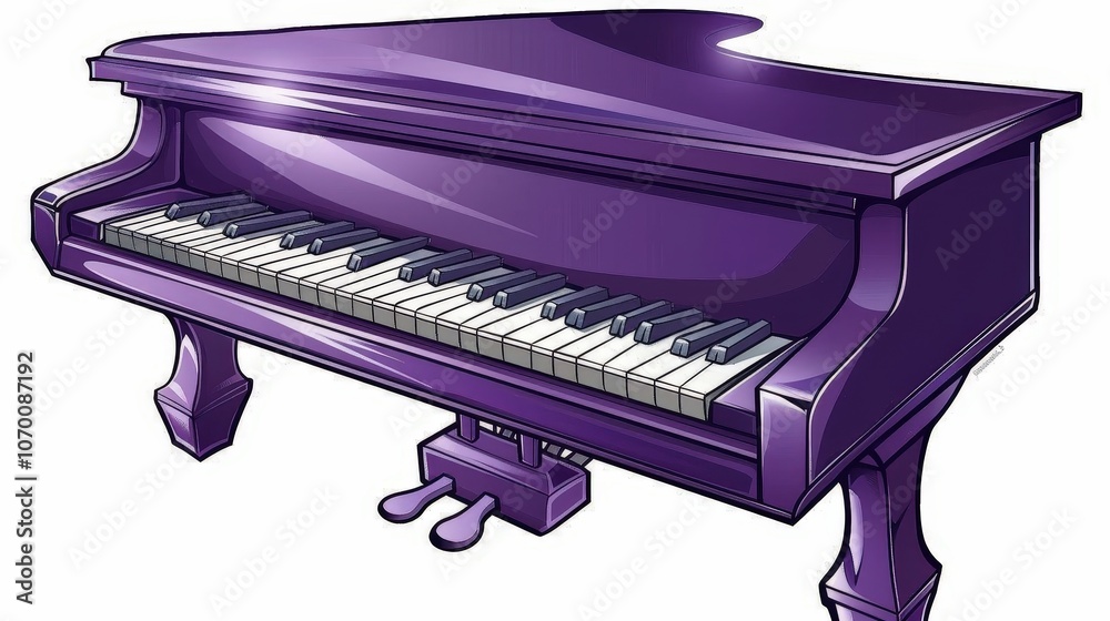 A vibrant purple grand piano with a polished finish, featuring classic keys ready for musical performance. A vibrant purple grand piano with a polished finish, featuring classic keys ready for musical performance.