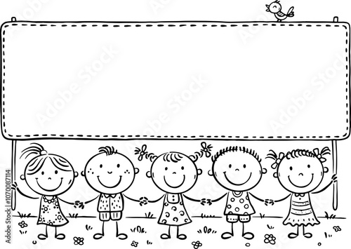 Hand draw cartoon kids with placard. Outline doodle children holding banner. Boys and girls standing and holding hands