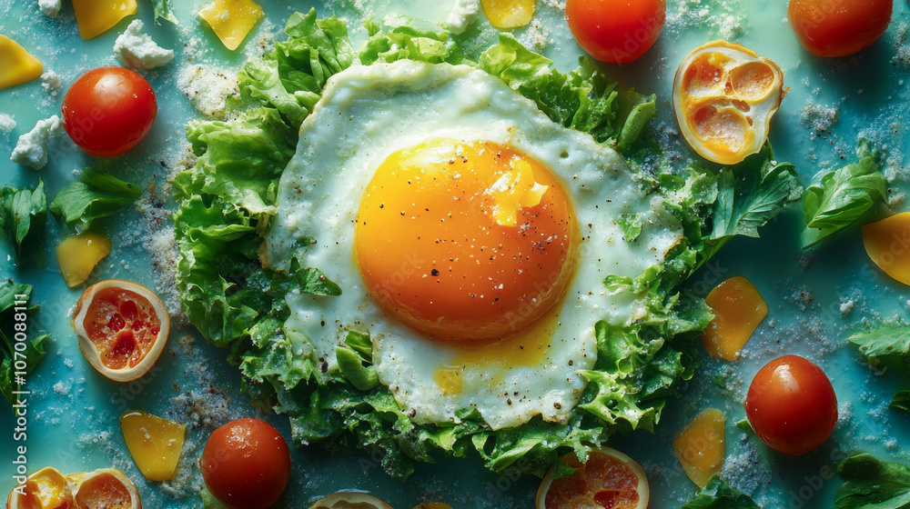 Top view of a sunny-side-up fried egg surrounded by lettuce, cherry tomatoes, and sliced citrus on a vibrant blue background Top view of a sunny-side-up fried egg surrounded by lettuce, cherry tomatoes, and sliced citrus on a vibrant blue background