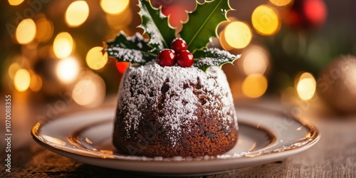 Close-up of a Christmas pudding topped with holly and powdered sugar, sitting on a festive holiday plate with warm lighting in the background. photo