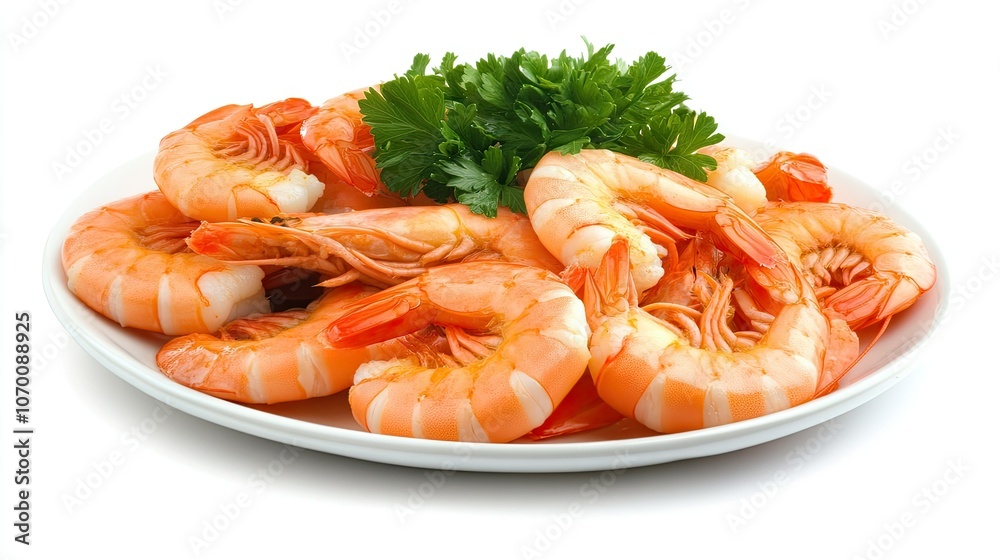 A plate of freshly boiled king prawns with vibrant orange shells, arranged to highlight their plump texture and juicy look on a white background. A plate of freshly boiled king prawns with vibrant orange shells, arranged to highlight their plump texture and juicy look on a white background.