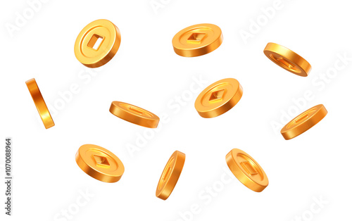 3d flying Ancient old gold coins of China on white isolated background. Rich or casino luck concept. Precious expensive treasure. Stock vector illustration.
