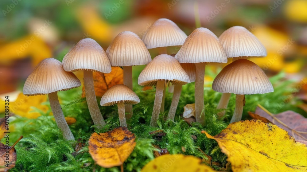 In a woodland, tiny, fresh mushrooms emerge from the fall grass. A mystical scene is created by the leaves and mushrooms, making it ideal for mushroom harvesting. In a woodland, tiny, fresh mushrooms emerge from the fall grass. A mystical scene is created by the leaves and mushrooms, making it ideal for mushroom harvesting.