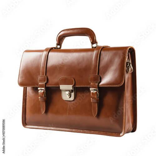 Brown leather briefcase on transparent background