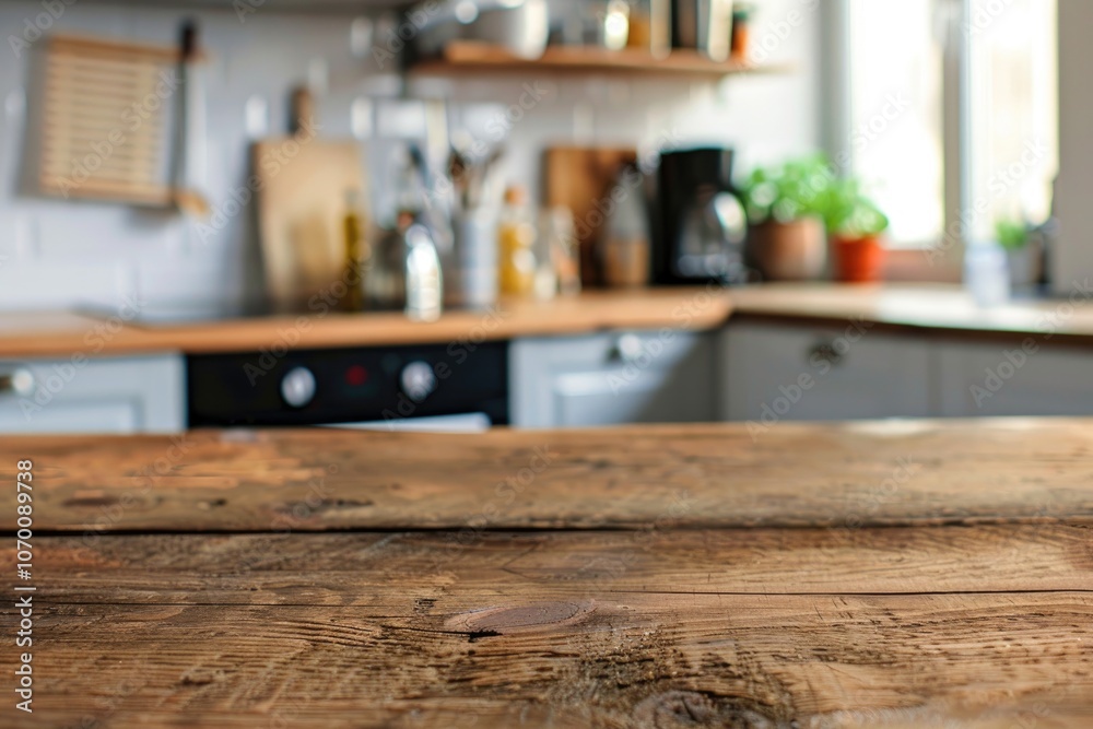 Rustic Wooden Kitchen Counter with Modern Shelves and Kitchenware Rustic Wooden Kitchen Counter with Modern Shelves and Kitchenware
