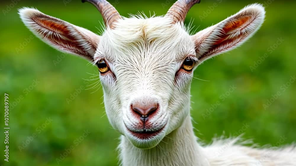 A white goat with brown ears and horns stares directly at the camera, its expression is curious and alert