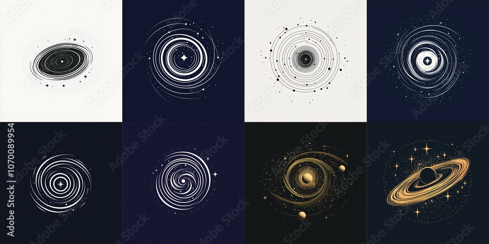 Fototapeta premium A minimalist logo featuring an abstract spiral galaxy with circular orbits and stars, highlighting clean lines and geometric design.