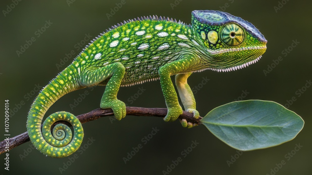 Fototapeta premium A green chameleon with white spots sits on a branch with a green leaf.