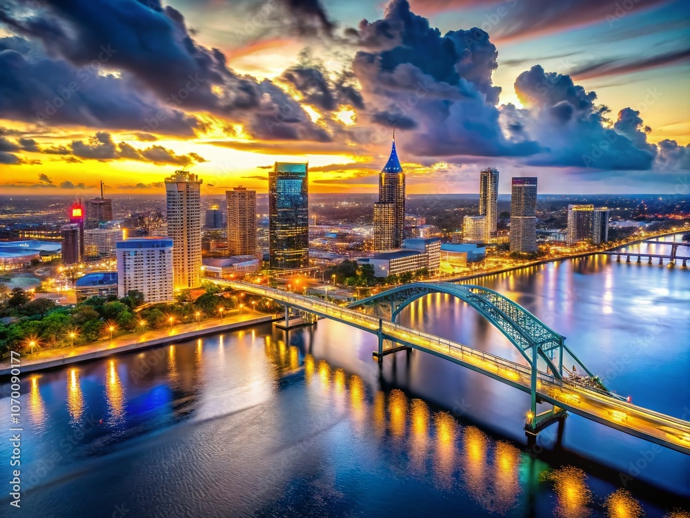 Fototapeta premium Aerial View of Jacksonville City at Dusk with Cloudy Skies, Showcasing Iconic Bridges Over the Channel and Urban Landscape in Low Light Photography