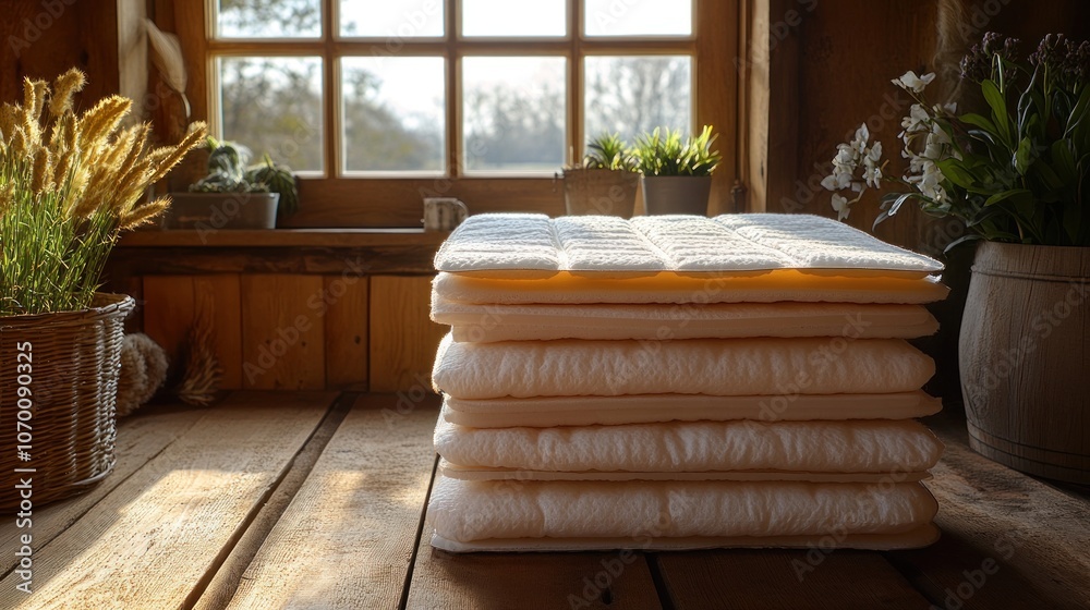 Cozy interior with stacked mattresses and potted plants. Cozy interior with stacked mattresses and potted plants.