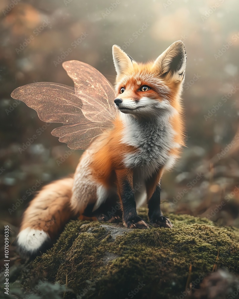 Fototapeta premium A magical fox with iridescent wings, sitting on a mossy rock in a sunlit forest.
