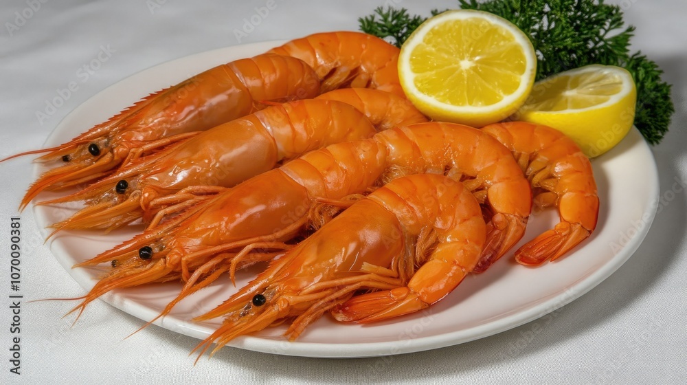 Boiled king prawns with bright orange shells arranged on a white plate, showcasing their juicy texture against a simple white background.