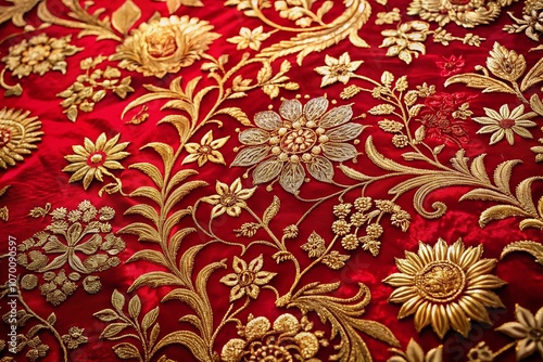 Aerial View of Luxurious Red Surface Adorned with Intricate Gold Floral Patterns, Showcasing Opulence and Elegance in Textile Design for Interior Decor and Fashion Inspirations