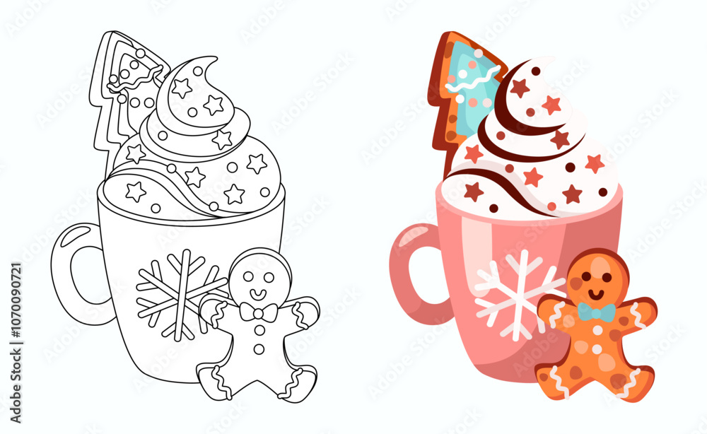 Cocoa with whiped cream and gingerbread vector illustration. Coloring page for kids Cocoa with whiped cream and gingerbread vector illustration. Coloring page for kids