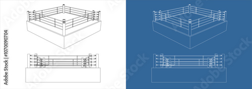 Vector boxing ring technical drawing blueprint line illustration isolated on transparent background.