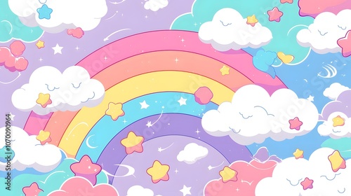 Cute rainbow, clouds, and stars in a whimsical pastel design.